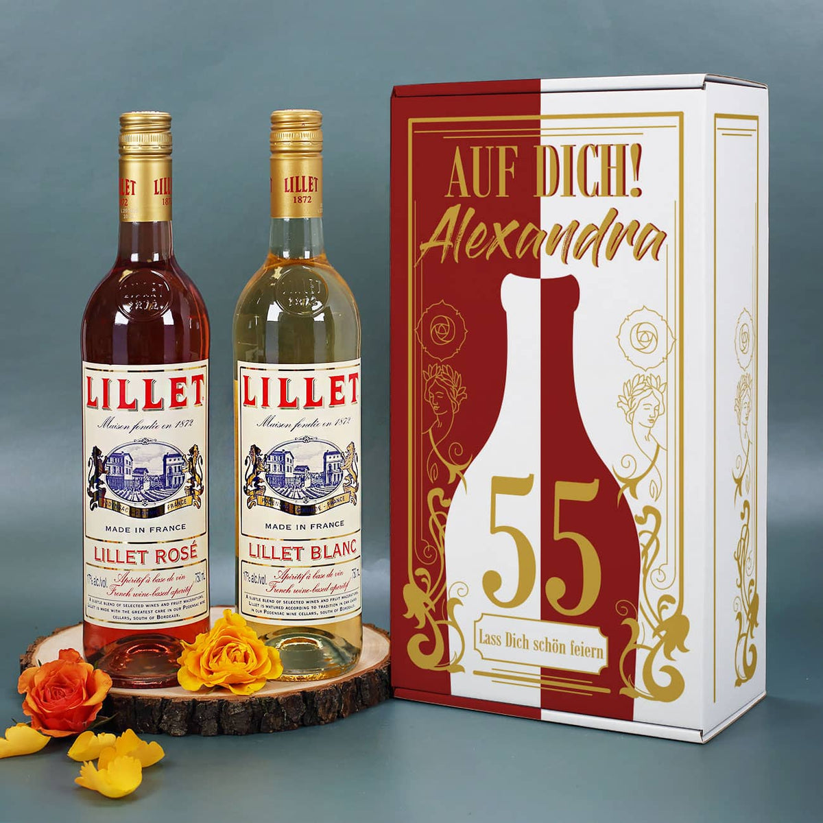 Lillet Präsentset zum Geburtstag mit Ihrem Wunschnamen, Alter und einem kurzen Text gestaltet