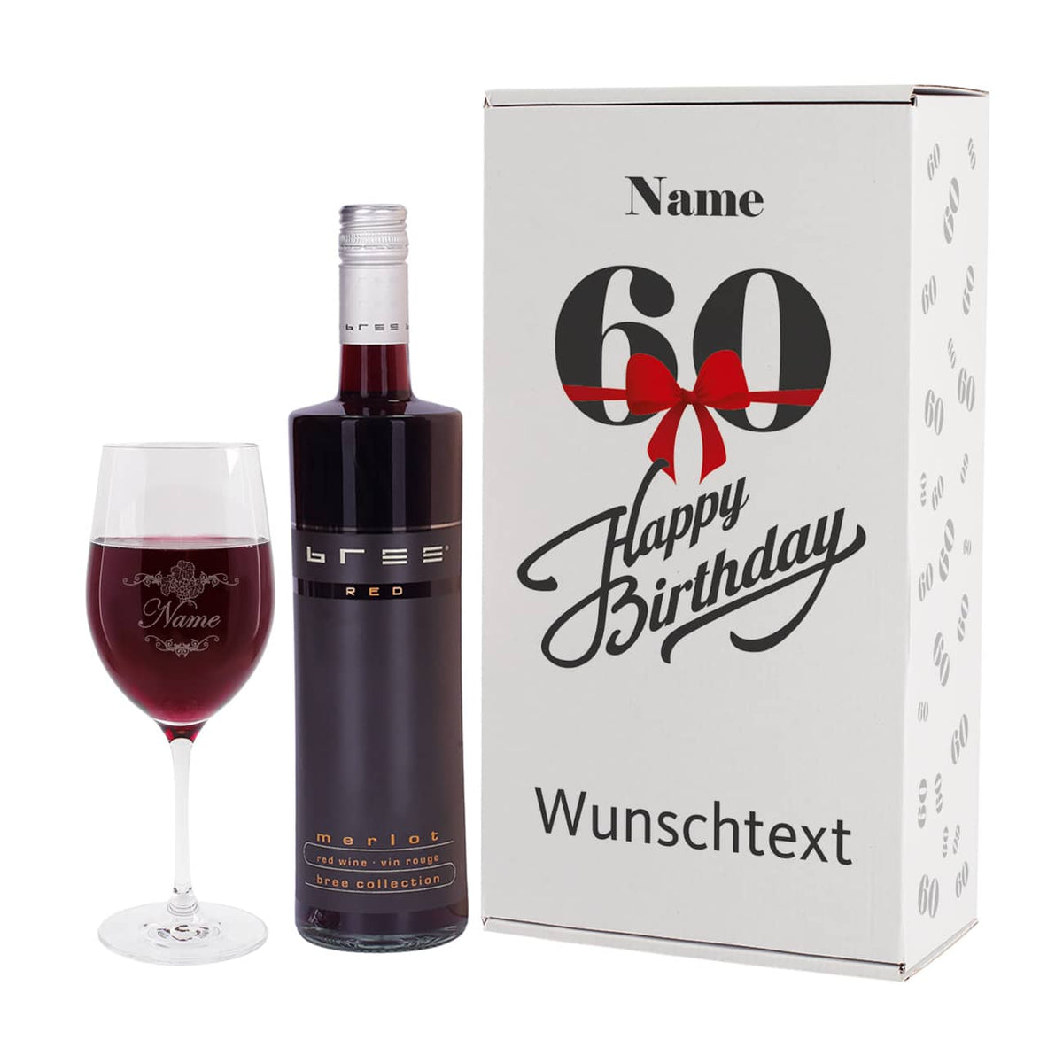 Rotweinset zum 60. Geburtstag mit graviertem Weinglas und BREE Wein