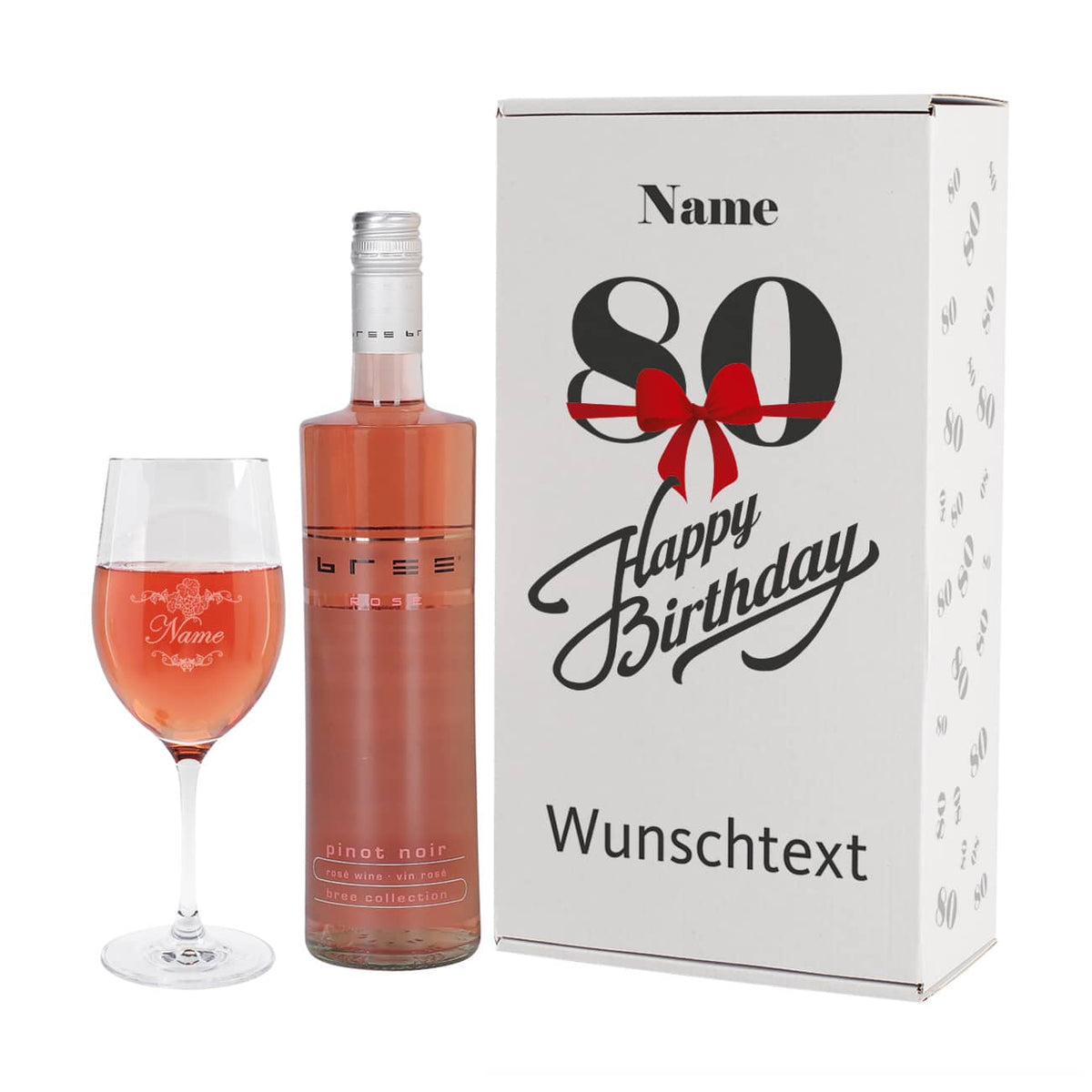 Weinset zum 80. Geburtstag mit Weinglas in bedruckter Geschenkverpackung