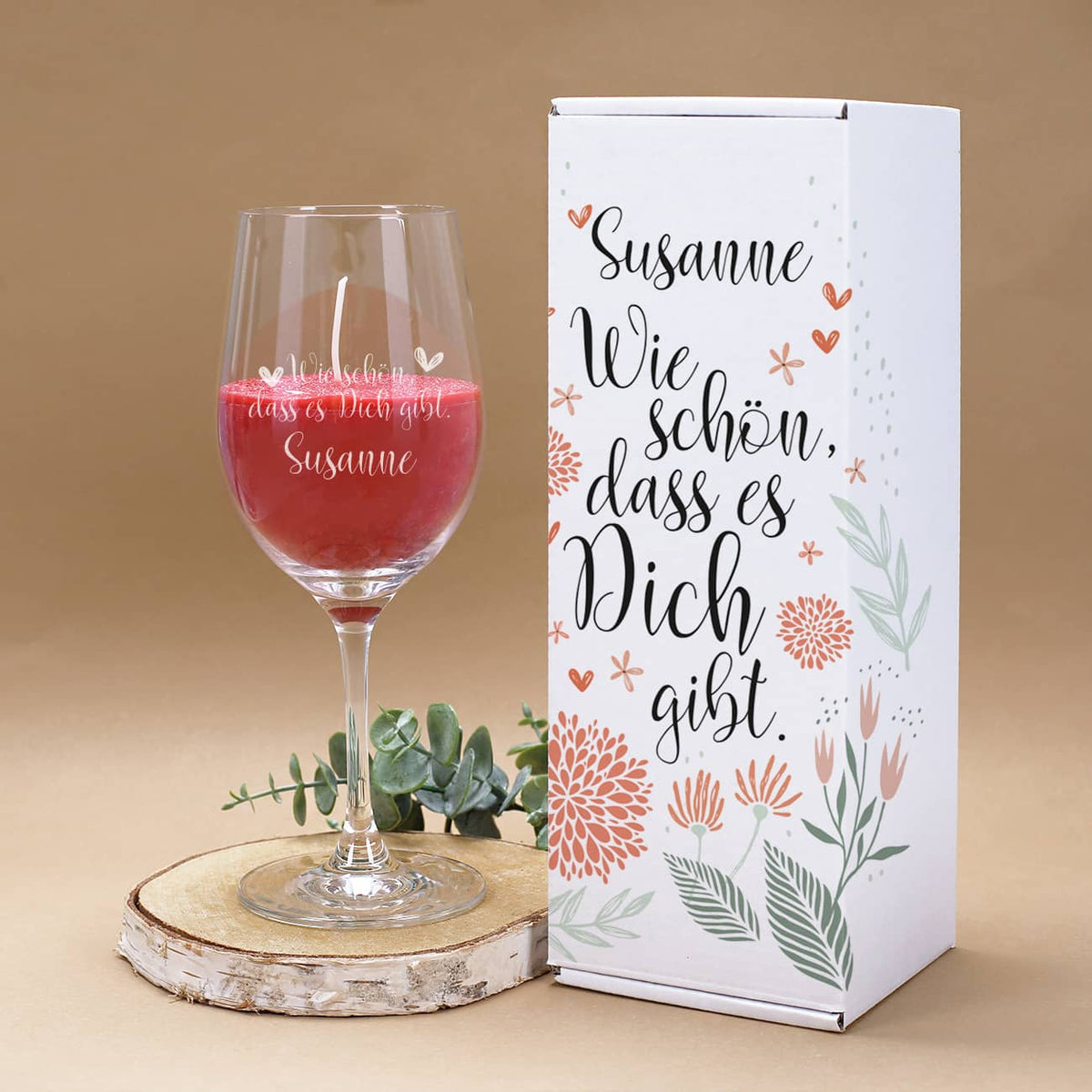Duftkerze im Weinglas mit Geschenkverpackung personalisiert mit Name