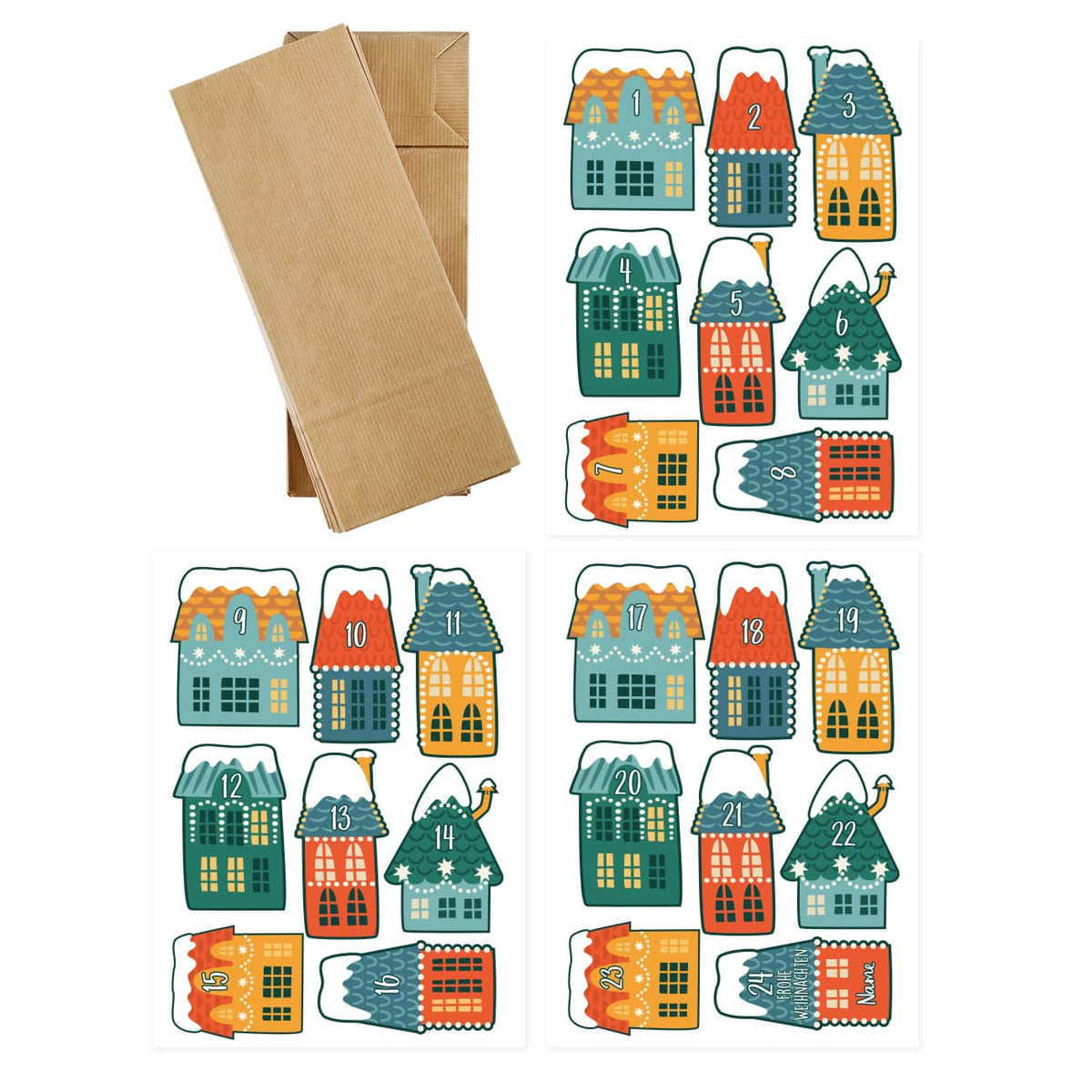 24 Papiertüten mit Aufklebern als Adventskalender