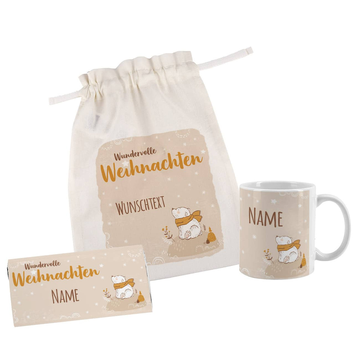 Kleines Geschenkset im bedruckten Beutel zu Weihnachten mit Tasse und Schokolade