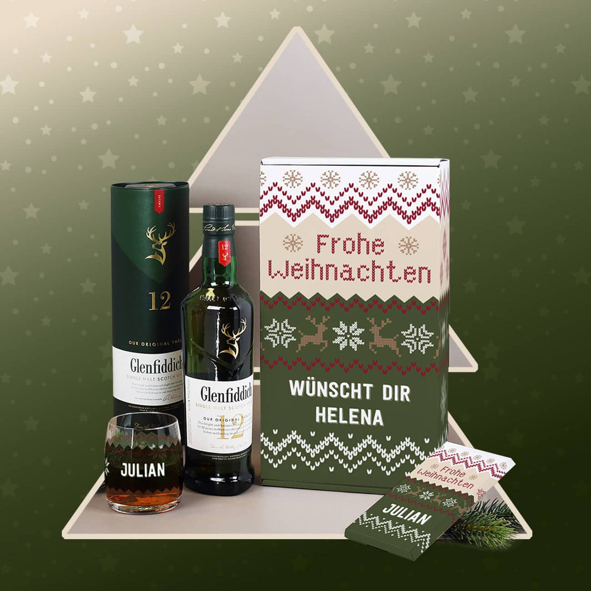 Whisky-Set als persönliches Weihnachtsgeschenk mit Whisky, Whiskyglas, Geschenkbox und Schokolade