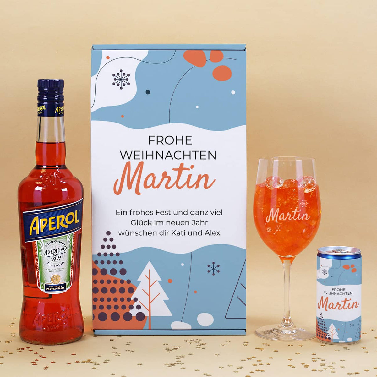 personalisiertes Aperol Geschenk mit Geschenkverpackung, graviertem Glas, einer Seccodose und Aperol