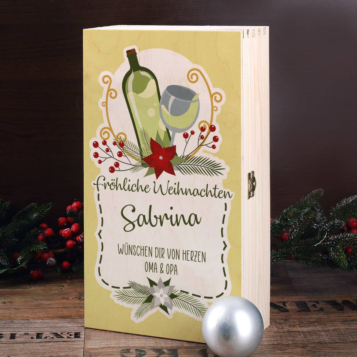 Personalisierte Weißwein-Geschenkbox mit Name und Wunschtext bedruckt