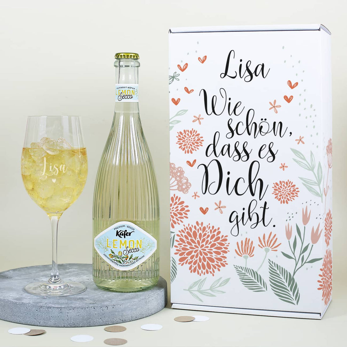 Geschenkset als Dankeschön - Fruchtsecco, Glas mit Gravur, Geschenkbox