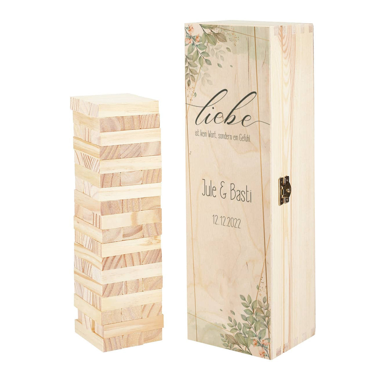 Wackelturm und personalisierbare Holzverpackung als originelles Gästebuch zur Hochzeit