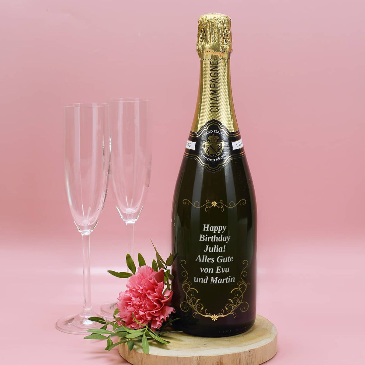 Edler Champagner mit frei wählbarem Wunschtext zum Geburtstag