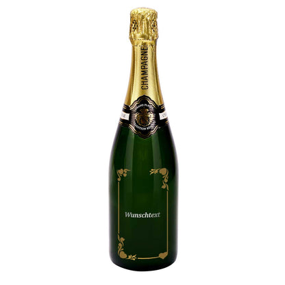 Champagnerflasche mit silberner und goldener Gravur Ihres Wunschtextes und Ornament