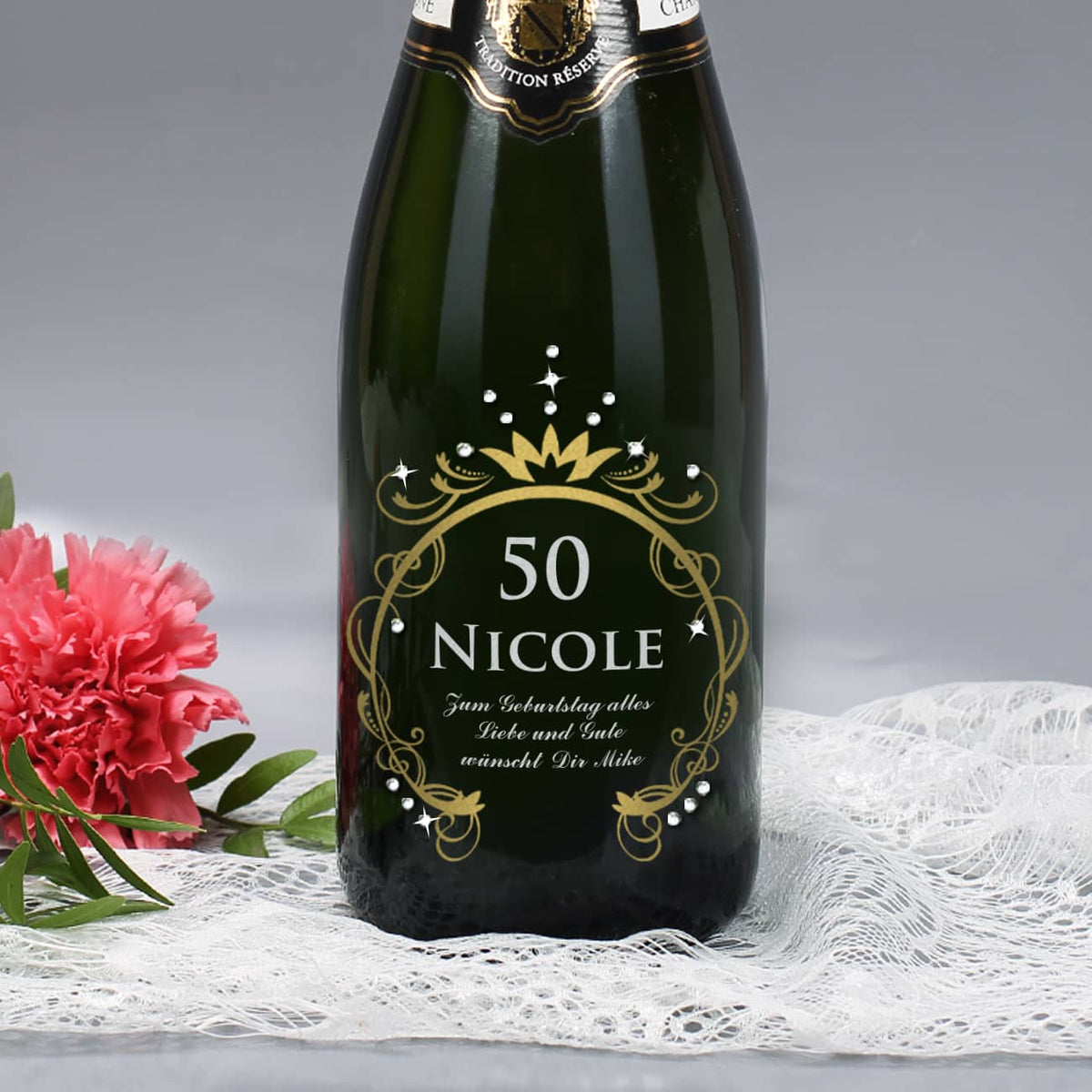 Champagnerflasche zum Geburtstag mit Gravur in Gold und Silber 