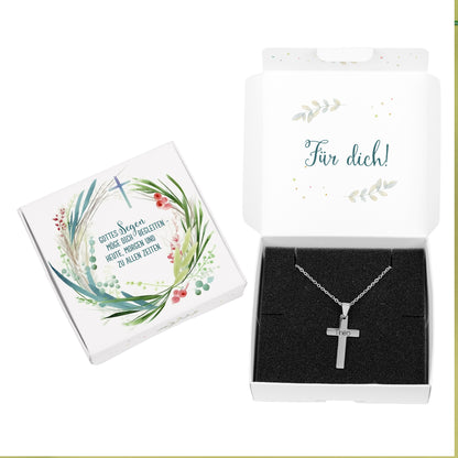 Halskette mit Kreuz und Name graviert zu Kommunion, Konfirmation, Taufe in Geschenkbox