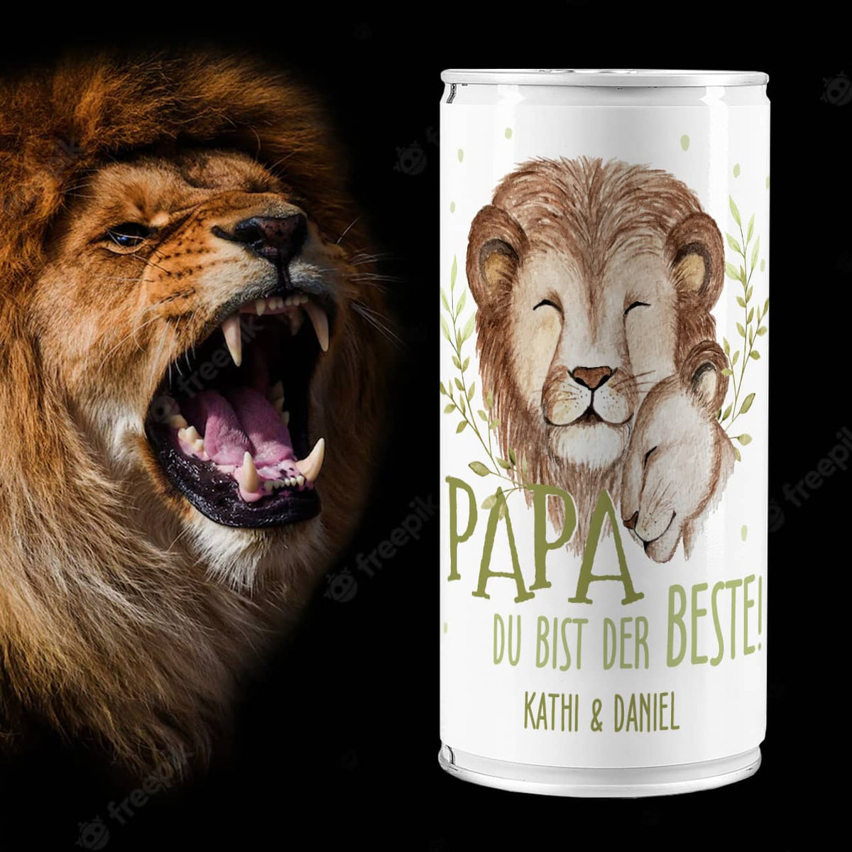 1 Liter Bierdose mit Löwen Motiv und Text nach Wunsch zum Vatertag