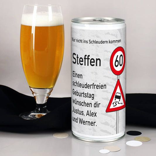 Geburtstagsgrüße auf einer 1 Liter Bierbüchse mit Verkehrszeichen