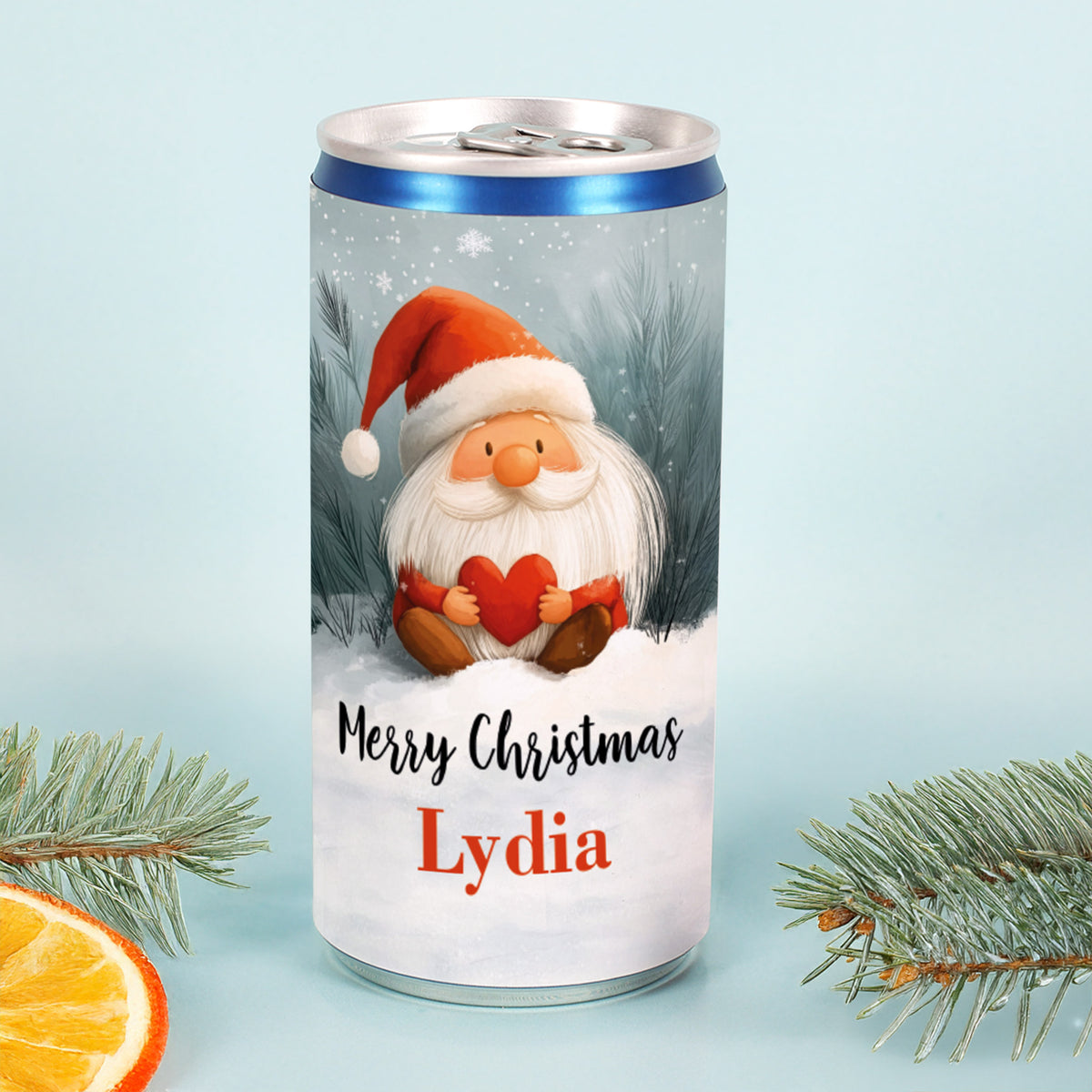 Prosecco-Dose mit Wichtelmotiv, roter Mütze und Herz – personalisiert mit Name Lydia