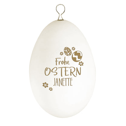 Graviertes Schwanenei "Frohe Ostern" mit Blümchen, Eiern und Name