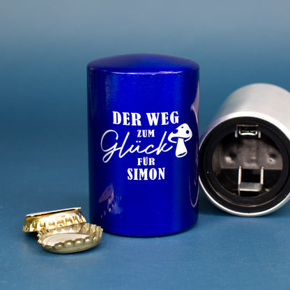 Blauer Push-Up Flaschenöffner mit Aufdruck „Der Weg zum Glück für Simon“, personalisiertes Männergeschenk