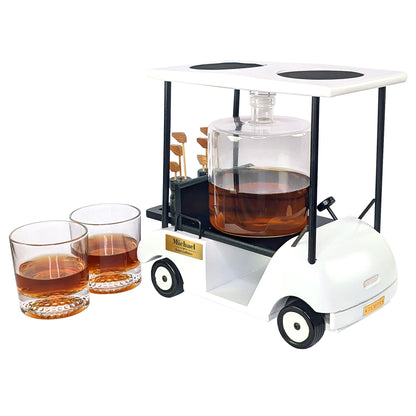 Luxus Whisky Dekantierset im Golfcart personalisiert mit Name und Wunschtext | Dekanter Set für Golfer