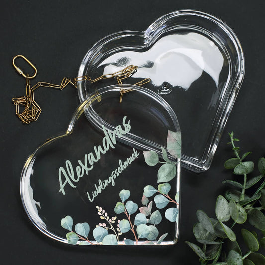 Glasdose in Herzform mit zwei Zeilen Text Ihrer Wahl