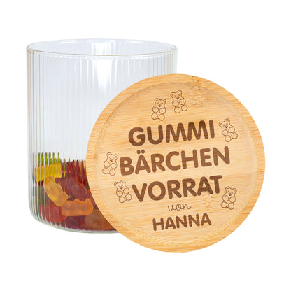 Personalisierte Glasdose für Süßigkeiten mit graviertem Gummibärchen Vorrat Motiv und Name