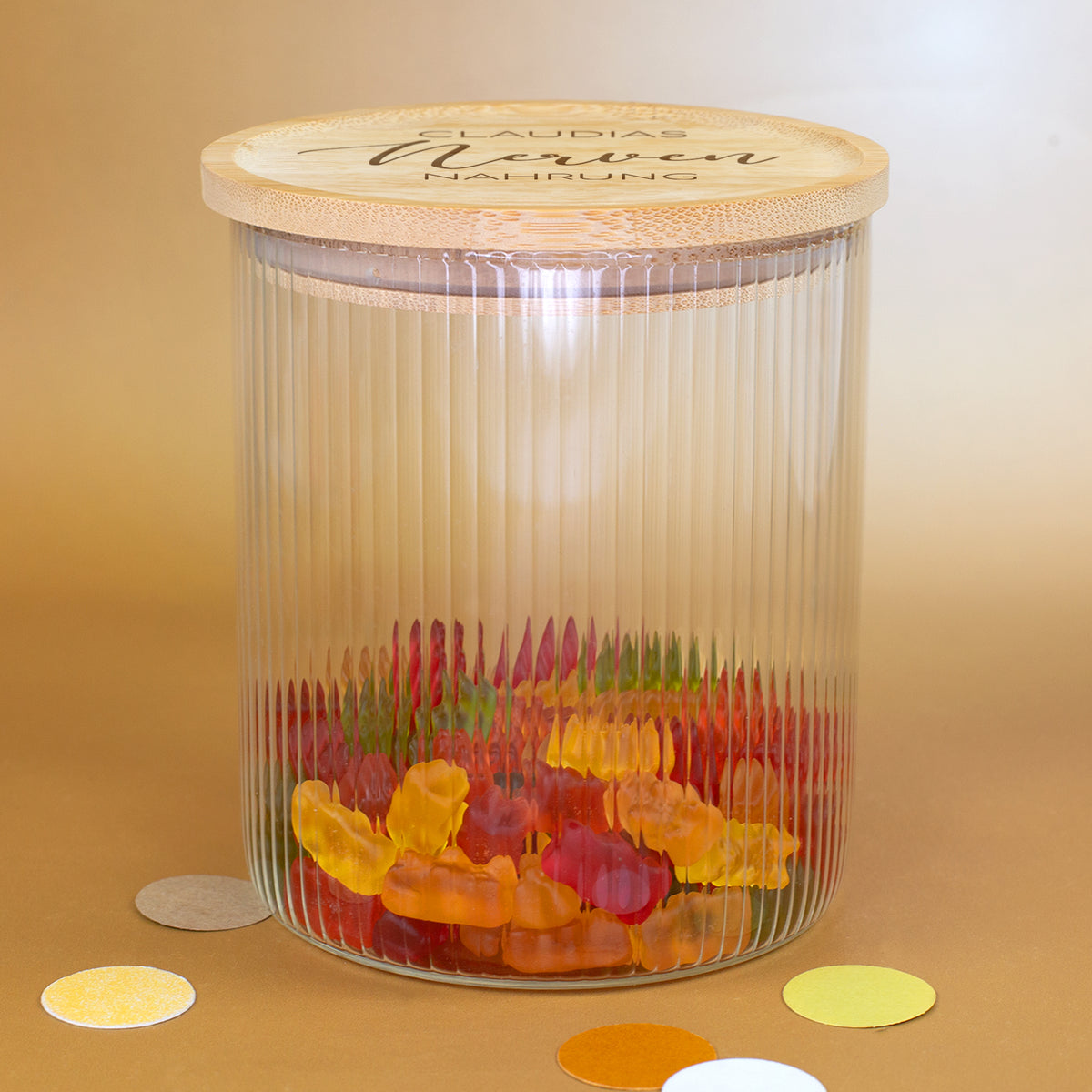 Personalisierte Keksdose mit Nervennahrung Gravur, Bambusdeckel und 980 ml Glas