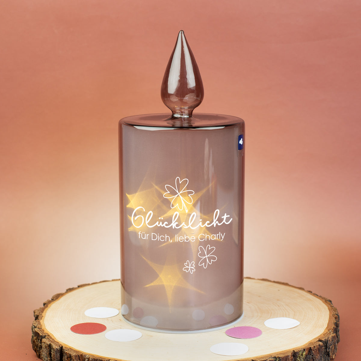 Personalisierbare LED-Glaskerze aus grauem Glas mit Glückslicht-Druck