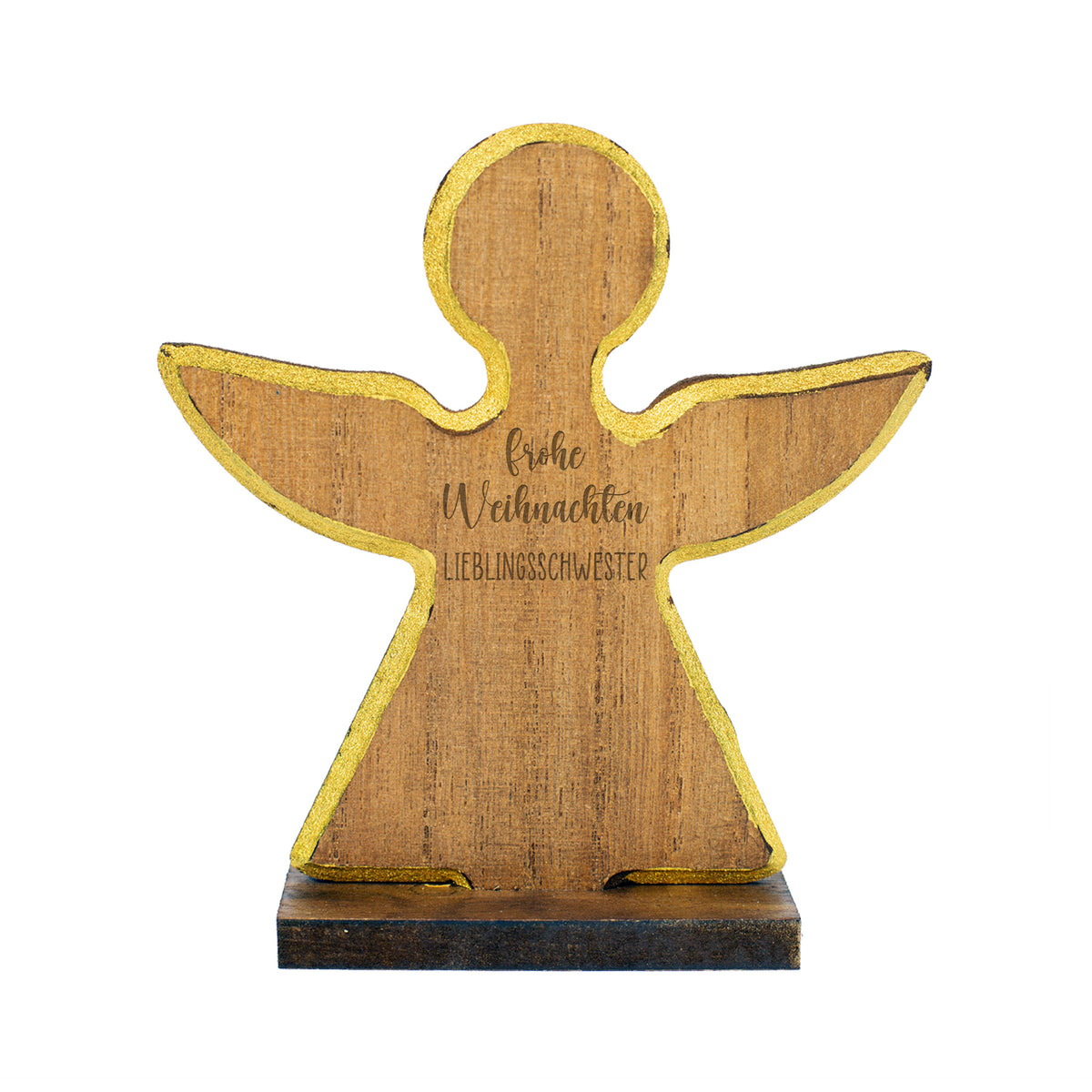 Holzengel freigestellt mit Gravur Frohe Weihnachten Lieblingsschwester, goldfarbener Rand, auf hellem Hintergrund
