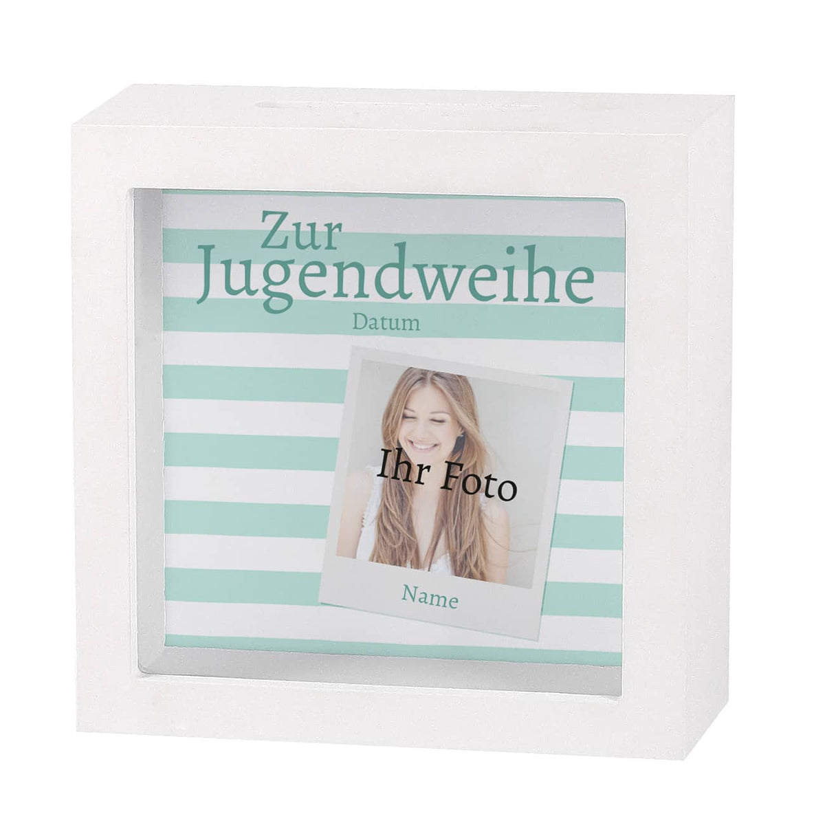 Bilderrahmen-Spardose zur Jugendweihe mit Foto, Name und Datum der Feier