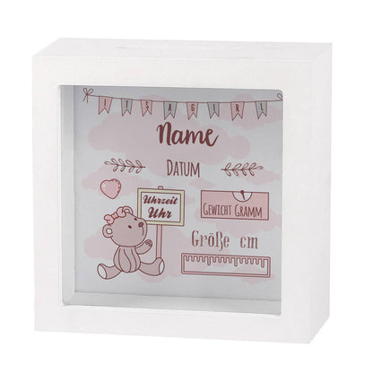 Bilderrahmenspardose zur Geburt mit Teddymotiv für Mädchen