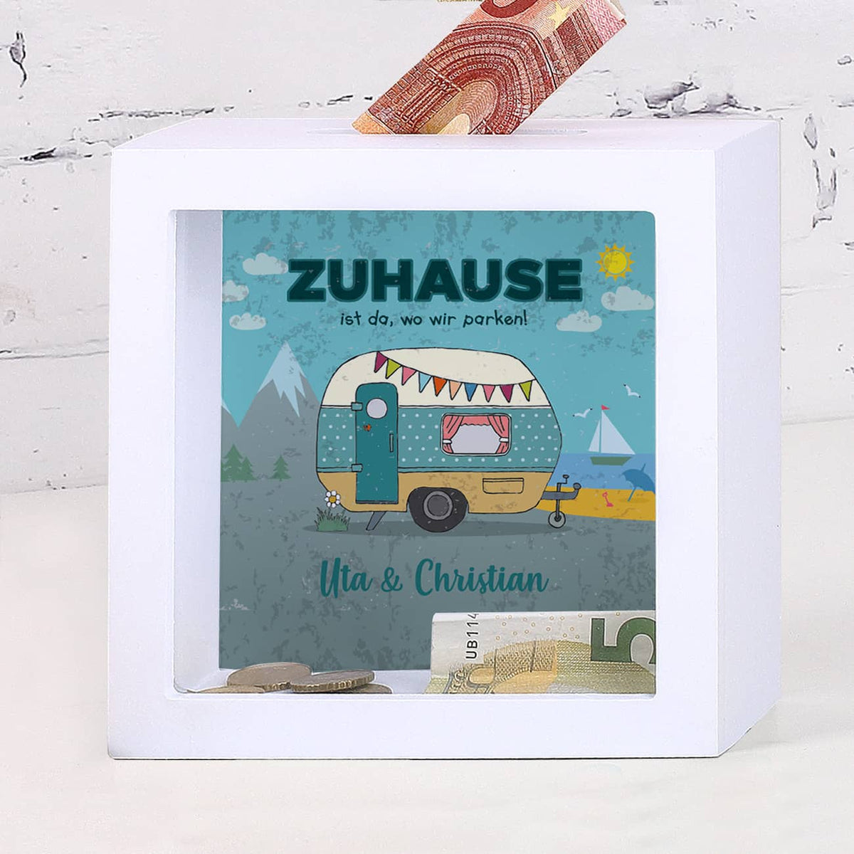 Zuhause ist da, wo wir parken - Bilderrahmen Spardose mit Wunschtext