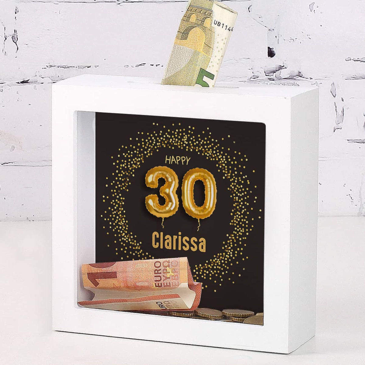 Bilderrahmen Spardose zum 30. Geburtstag mit Name, 15x15cm
