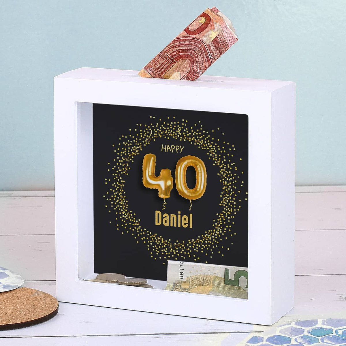 Happy 40 - Bilderrahmenspardose zum 40. Geburtstag mit Name, 15x15cm