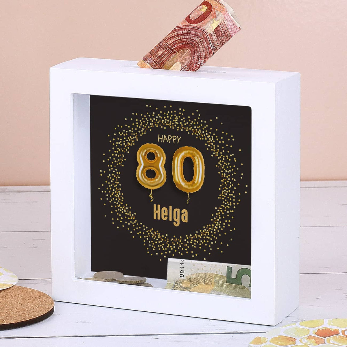 Bilderrahmen-Spardose für Geldgeschenke und Gutscheine zum 80. Geburtstag, 15x15cm