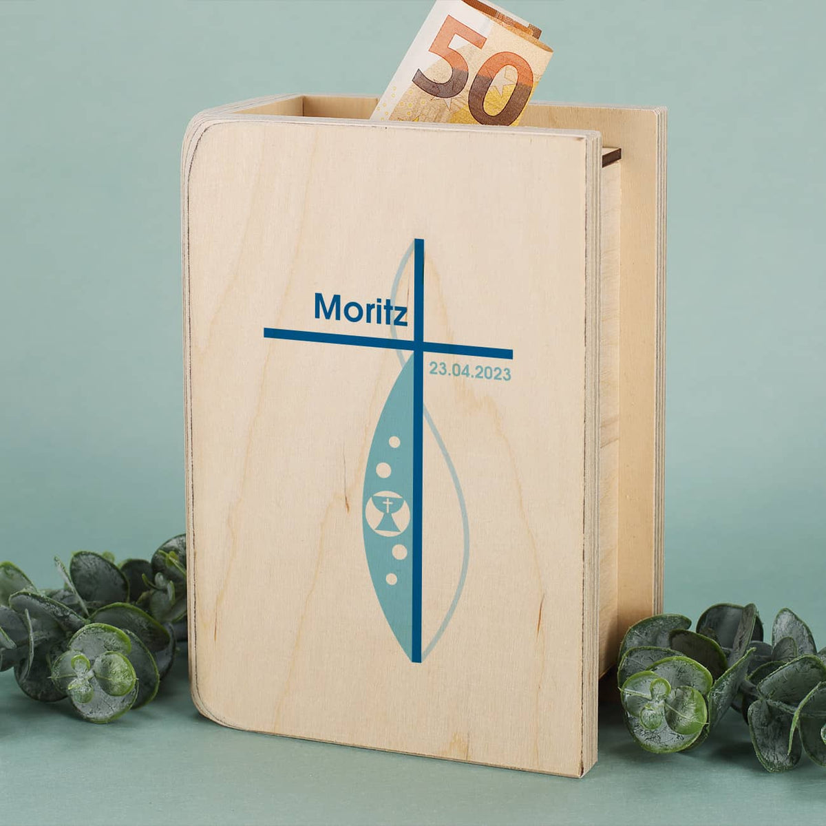 Holzspardose mit persönlichem Druck