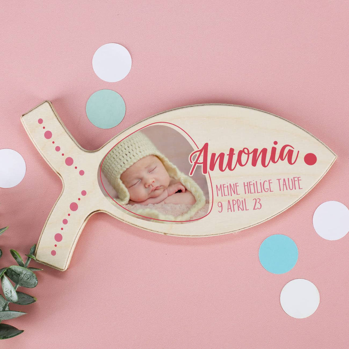 Holzfisch in rosa mit Foto, Name und Wunschtext