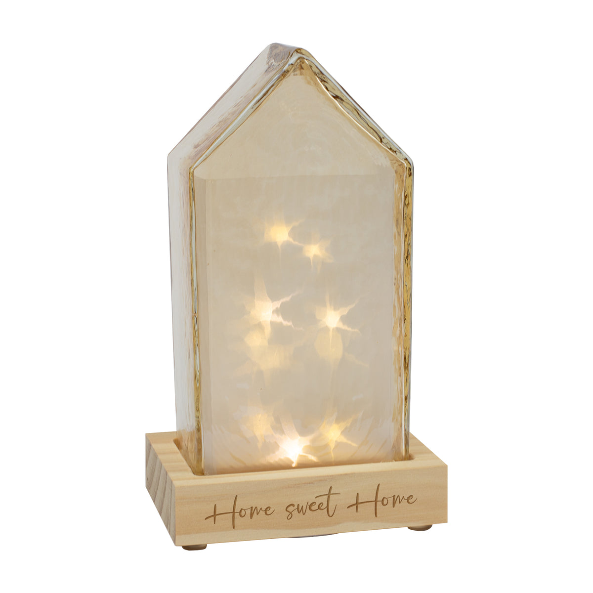Freistehendes Leonardo Glas-Dekohaus in Amber mit LED-Beleuchtung und graviertem Sockel – warm schimmernde Wohnraumdeko im Haus-Look.