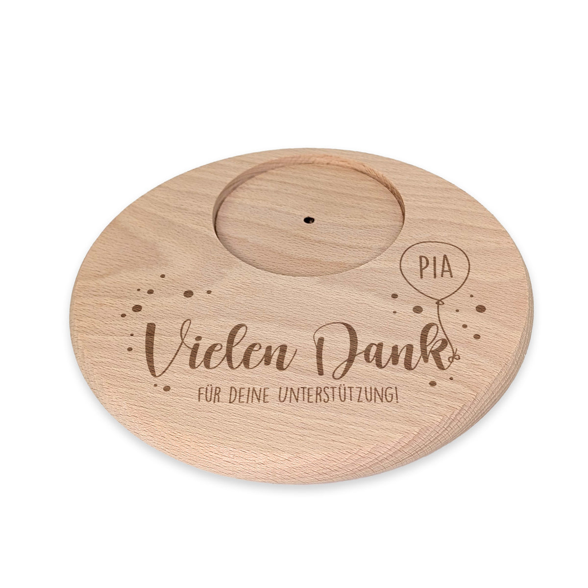 Freigestellter Kerzenteller mit Dankeschön-Motiv, Name im Ballon und Wunschtext unten
