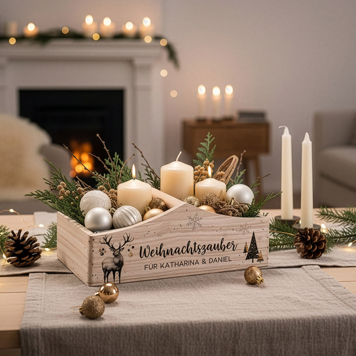 Weihnachtskiste „Weihnachtszauber“ auf festlichem Tisch – dekoriert mit Kerzen und Kugeln