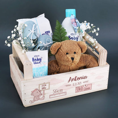 Personalisierter Holzkorb mit Teddymotiv bedruckt