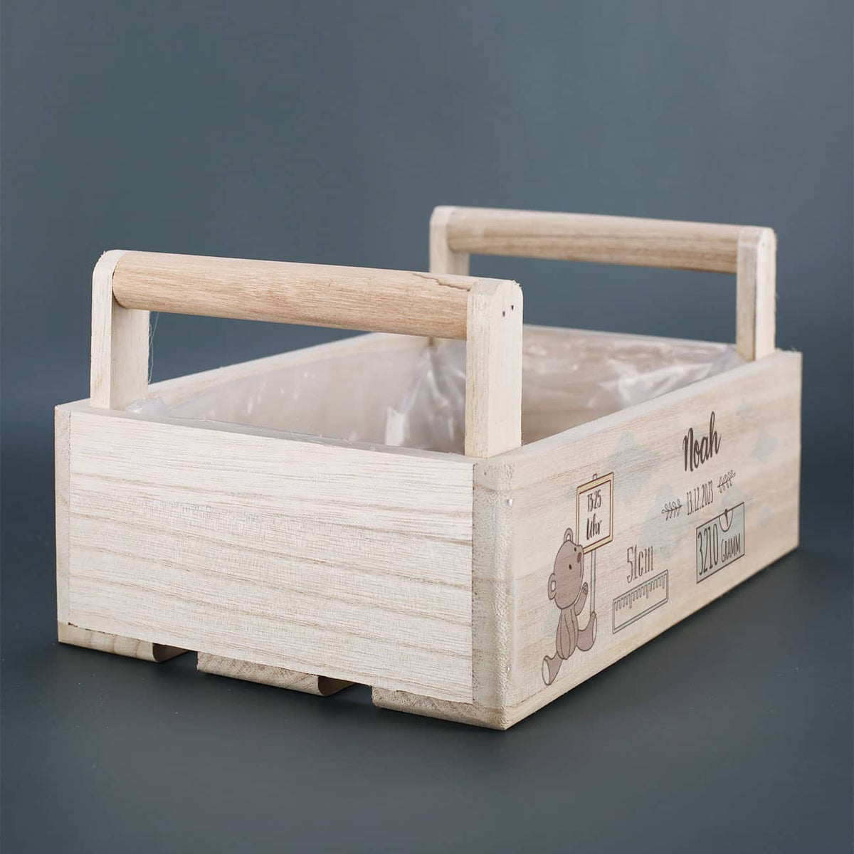 Holzkorb mit 2 Griffen und Folie ausgekleidet