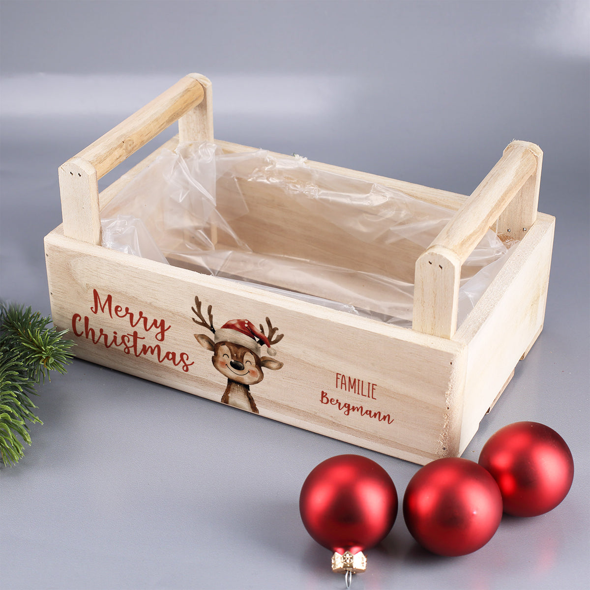 Leere Holz-Pflanzkiste mit Rentiermotiv und Innenfolie, personalisierbar mit Text