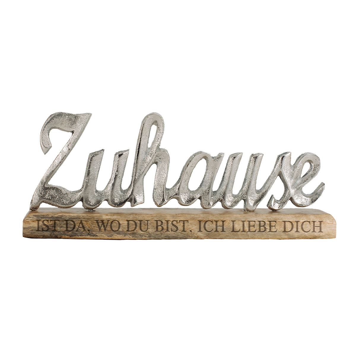 Gravierte Skulptur "Zuhause" mit Wunschtext - Dekoration aus Aluminium mit Holzsockel
