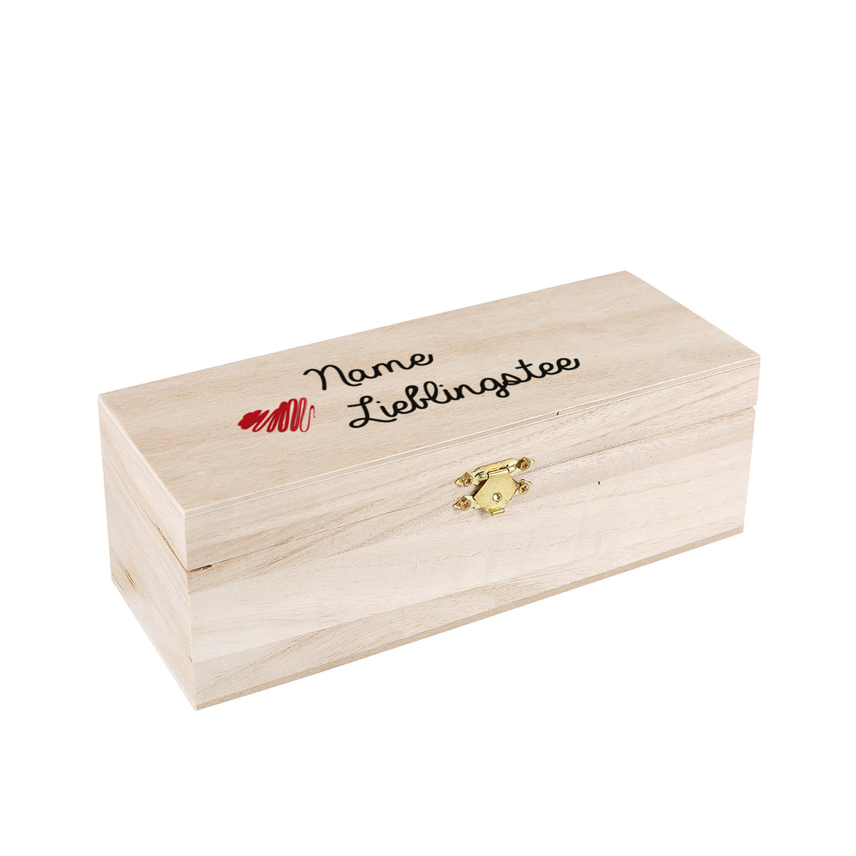 Personalisierte Teebox aus Naturholz mit Schriftzug „Name Lieblingstee“ und Herzsymbol auf dem Deckel