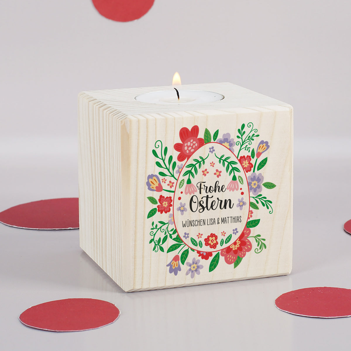 Teelichthalter aus Holz zu Ostern mit Wunschtext & buntem Blumen Motiv