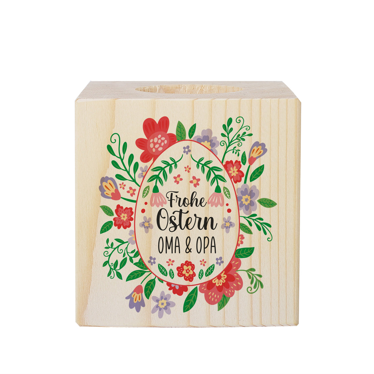 Teelichthalter aus Holz zu Ostern mit Wunschtext & buntem Blumen Motiv