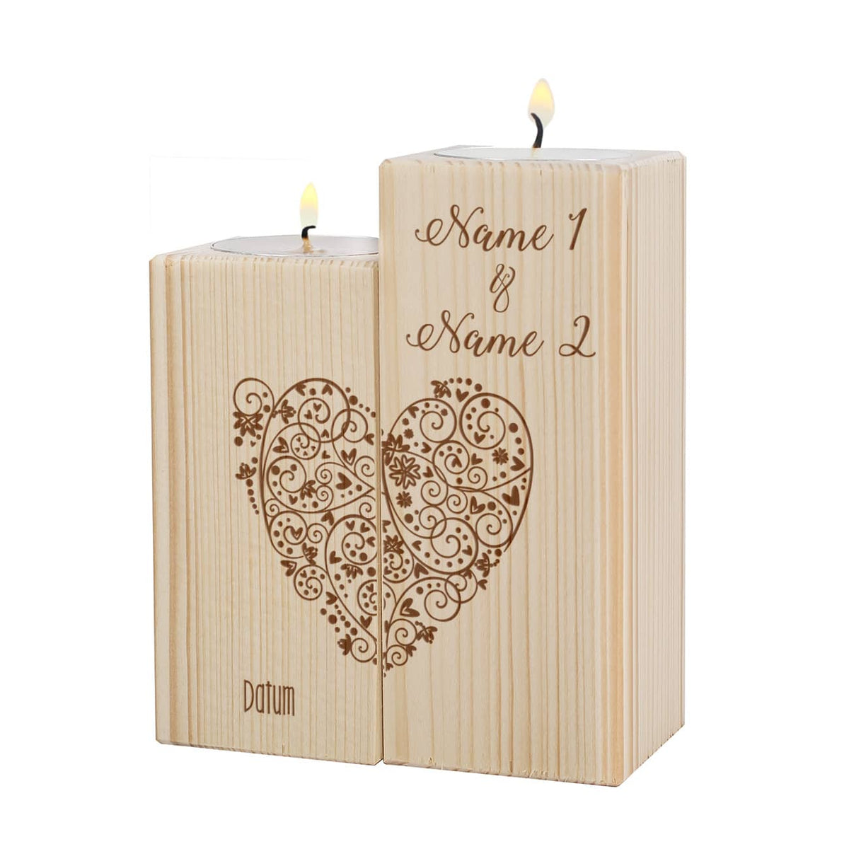 Teelichthalter aus Holz mit graviertem Herz, Namen und Datum - Hochzeitsgeschenk