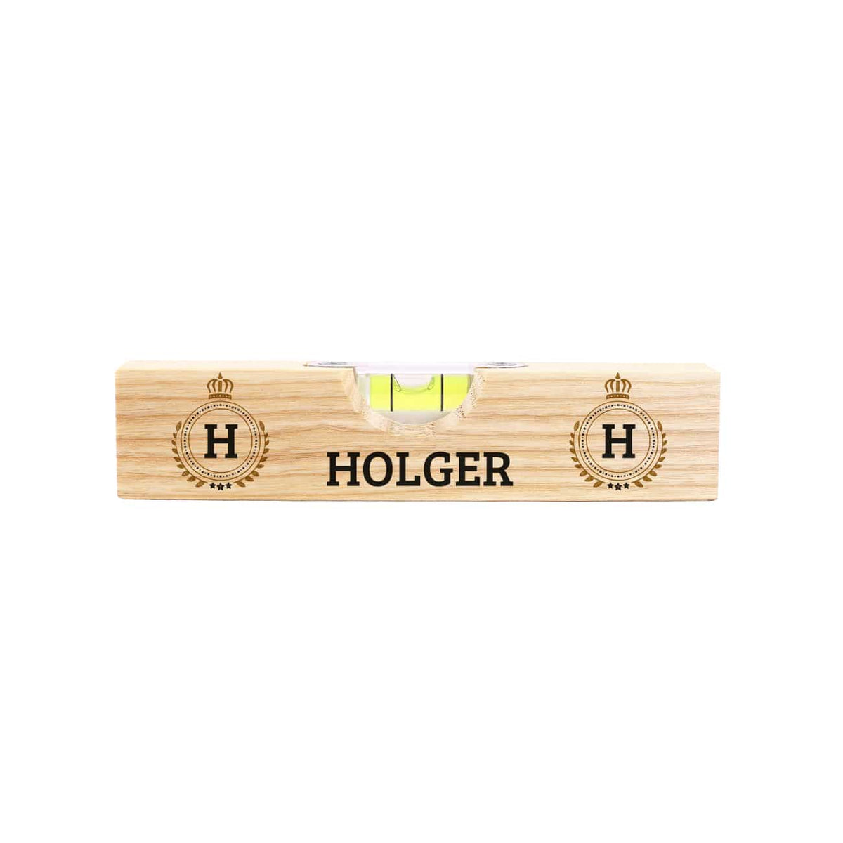 Individuell gefertigte Wasserwaage aus Holz mit Aufdruck
