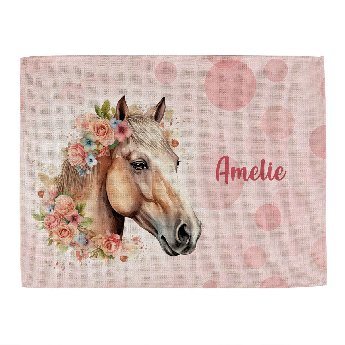 Platzdeckchen mit Pferdekopf und Name Amelie – rosa mit Punkten