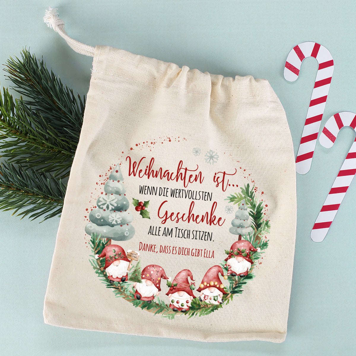 Kleiner Geschenksack mit Wichtelmotiv und Spruch, personalisiert mit Wunschtext