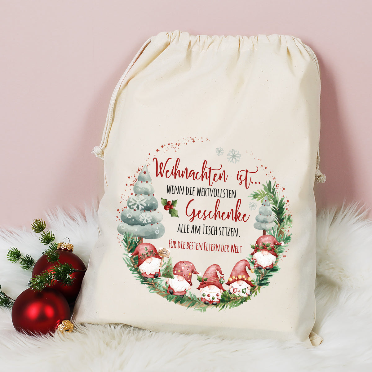 Mittlerer Geschenksack zu Weihnachten mit personalisiertem Text und Deko