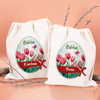 Personalisierter Osterbeutel mit Name & Tulpenmotiv aus Baumwolle
